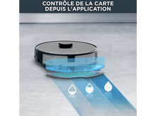 Charger l&#39;image dans la galerie, Un aspirateur robot avec un système de distribution d&#39;eau bleu. Texte : Contrôle depuis l&#39;application.

