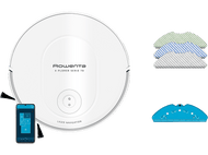 Aspirateur robot Rowenta blanc avec téléphone et accessoires. Sur fond blanc. Accessoires colorés.