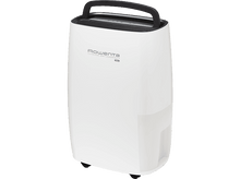 Charger l&#39;image dans la galerie, Un déshumidificateur blanc avec une poignée et un panneau de commande. Il a un réservoir d&#39;eau. Fond noir.
