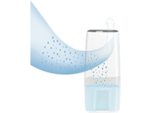 Charger l&#39;image dans la galerie, Humidificateur blanc et noir avec eau et gouttes bleues. Une flèche vers le haut indique la brume.
