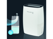 Charger l&#39;image dans la galerie, Déshumidificateur blanc avec indicateur de niveau d&#39;eau, réservoir d&#39;eau et flèche indiquant le flux d&#39;air.
