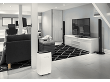 Charger l&#39;image dans la galerie, Salon moderne au sous-sol avec murs blancs, tapis noir et blanc, TV et déshumidificateur.
