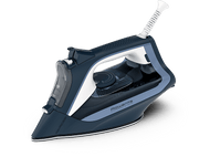 Fer à repasser bleu et blanc en vue inclinée. Le logo Rowenta est visible. Fond noir.