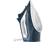 Charger l&#39;image dans la galerie, Un fer à repasser bleu et blanc, avec un fond noir. Vapeur laser haute précision.
