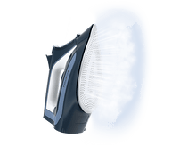 Charger l&#39;image dans la galerie, Un fer à repasser Rowenta bleu et blanc avec de la vapeur. Le fer a une poignée blanche et une surface perforée.
