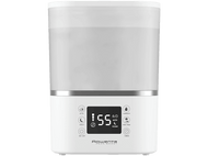 Un humidificateur Rowenta Aqua Boost blanc avec affichage numérique et boutons de commande.