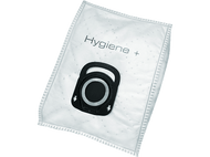 Sac d'aspirateur blanc avec support en plastique noir. Texte : Hygiene +.