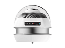 Charger l&#39;image dans la galerie, Un ventilateur blanc et argenté avec un dessus transparent, montrant un affichage avec des commandes numériques.
