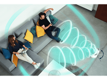 Charger l&#39;image dans la galerie, Deux personnes sur canapé gris avec coussins. Ventilateur soufflant de l&#39;air, lignes bleues.
