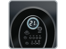 Charger l&#39;image dans la galerie, Gros plan sur un affichage numérique indiquant 21°C. Boutons pour la température, la vitesse du ventilateur et les commandes de minuterie sont présents.
