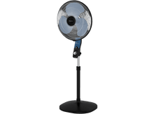 Charger l&#39;image dans la galerie, Un ventilateur sur pied noir et bleu sur une base noire, avec un panneau de commande sur la tige.
