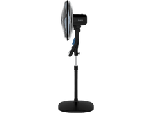 Charger l&#39;image dans la galerie, Un ventilateur sur pied Rowenta noir, avec un panneau de commande bleu, sur un socle noir.
