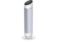 Un ventilateur tour blanc, avec un panneau de commande noir et une base ronde blanche.