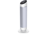 Un ventilateur tour blanc, avec un panneau de commande noir et une base ronde blanche.