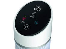 Charger l&#39;image dans la galerie, Panneau de commande de purificateur d&#39;air blanc et noir avec affichage des réglages de température et de ventilateur.
