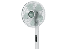 Charger l&#39;image dans la galerie, Ventilateur sur pied blanc et argenté avec affichage numérique. Les pales du ventilateur sont vert clair. Le fond est noir.
