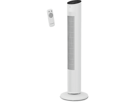 Un ventilateur tour blanc avec une télécommande. Le ventilateur a un dessus noir avec des commandes. La télécommande est blanche.