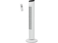 Un ventilateur tour blanc avec une télécommande. Le ventilateur a un dessus noir avec des commandes. La télécommande est blanche.