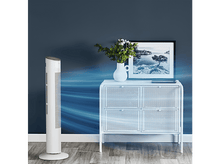 Charger l&#39;image dans la galerie, Un ventilateur blanc est à côté d&#39;une armoire blanche avec un cadre photo, un vase et des fleurs. Le fond est un mur bleu.
