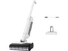 Charger l&#39;image dans la galerie, Aspirateur sans fil blanc avec accessoires : une brosse et un support pour l&#39;aspirateur.
