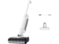 Aspirateur sans fil blanc avec accessoires : une brosse et un support pour l'aspirateur.