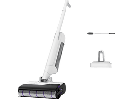 Aspirateur sans fil blanc avec accessoires : une brosse et un support pour l