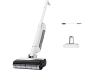 Aspirateur sans fil blanc avec accessoires : une brosse et un support pour l'aspirateur.