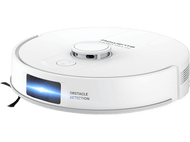 Aspirateur robot blanc avec l'étiquette 'Détection d'obstacles'. Il a un corps circulaire.