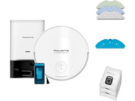 Robot aspirateur blanc avec accessoires et smartphone affichant l'application.