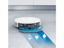 Charger l&#39;image dans la galerie, Un aspirateur robot blanc et une fixation de vadrouille bleue avec des gouttes d&#39;eau sur un sol gris.
