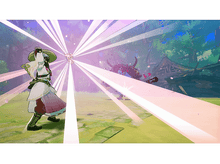 Charger l'image dans la galerie, Personnage de style anime combattant, maniant des rayons lumineux. Explosion rose, fond de forêt.
