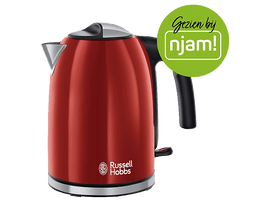 Bouilloire rouge avec poignée et couvercle noirs. Autocollant vert 