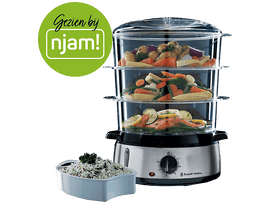 Cuiseur vapeur avec trois niveaux transparents. Contient légumes, poisson et riz. Texte cercle vert.