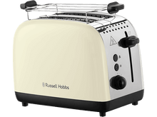 Charger l&#39;image dans la galerie, Grille-pain crème et argenté. Il a un cadran, des boutons et le logo Russell Hobbs.
