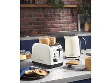 Charger l&#39;image dans la galerie, Un grille-pain blanc avec des toasts, une bouilloire blanche et d&#39;autres articles de petit-déjeuner.
