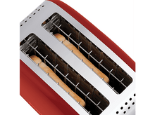 Charger l&#39;image dans la galerie, Grille-pain rouge et argent avec deux fentes contenant des tranches de pain grillé.
