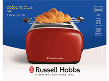 Charger l&#39;image dans la galerie, Un grille-pain rouge avec un croissant dessus. Le texte dit &#39;colours plus red&#39; et porte la marque &#39;Russell Hobbs&#39;.
