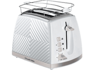 Grille-pain blanc avec un design géométrique, des accents argentés et un levier argenté.