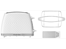 Charger l&#39;image dans la galerie, Grille-pain blanc avec une grille supérieure blanche et un ramasse-miettes blanc.
