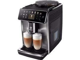 Machine à café avec deux tasses de latte macchiato et une interface numérique.
