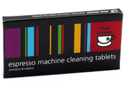 Boîte: Comprimés de nettoyage pour machine à expresso. Texte et rayures colorées sur la boîte.