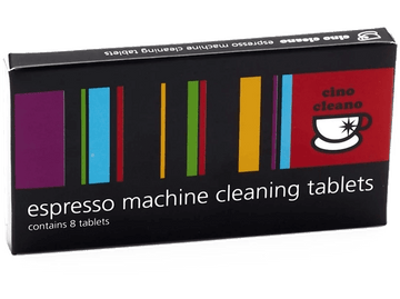 Boîte: Comprimés de nettoyage pour machine à expresso. Texte et rayures colorées sur la boîte.