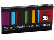 Boîte: Comprimés de nettoyage pour machine à expresso. Texte et rayures colorées sur la boîte.