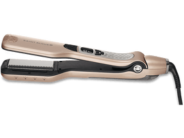 Un lisseur doré est ouvert, incliné sur un fond sombre, avec la marque 