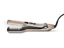Charger l&#39;image dans la galerie, Un lisseur doré avec de la vapeur qui sort. Le lisseur est ouvert.

