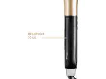 Charger l&#39;image dans la galerie, Un outil de coiffure noir avec une partie supérieure dorée. Un réservoir transparent est visible.
