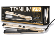 Charger l&#39;image dans la galerie, Lisseur de cheveux doré avec une boîte montrant les caractéristiques.
