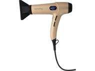 Sèche-cheveux doré. Buse noire, poignée avec commandes et cordon d'alimentation. Marque 'Demeliss'.