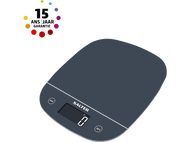 Une balance de cuisine numérique Salter gris foncé avec un affichage numérique indiquant zéro et un logo de garantie.