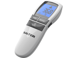 Thermomètre Salter blanc. Affiche 36,8°C. Possède des boutons pour MEM, MODE et SCAN. Gris et blanc.